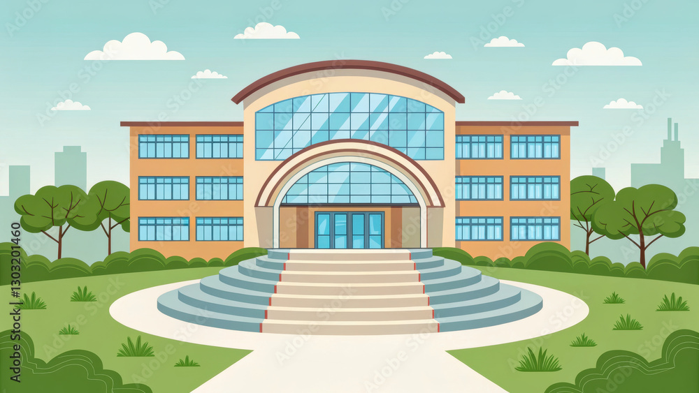 modern school building with large windows and welcoming entrance, surrounded by greenery and pathways, creating inviting educational environment modern school building with large windows and welcoming entrance, surrounded by greenery and pathways, creating inviting educational environment