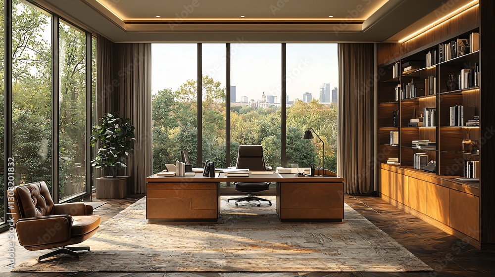 Fototapeta premium Modern Office Interior with Large Windows Overlooking Cityscape, Elegant Furniture, and Natural Light