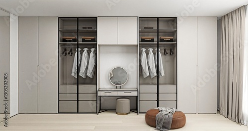 Fotografie This modern wardrobe features a sleek, minimalist design with glass doors, neutral tones, and organized storage