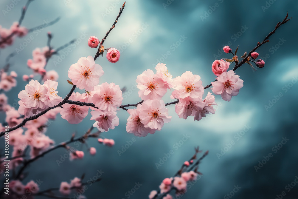 A serene close-up of pink cherry blossoms blooming in a dreamy, misty setting
A serene close-up of pink cherry blossoms blooming in a dreamy, misty setting