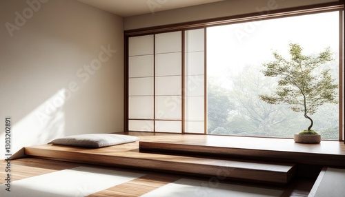 Minimalist Japanese Interior With Wooden Platform Window View Plant and Natural Sunlight