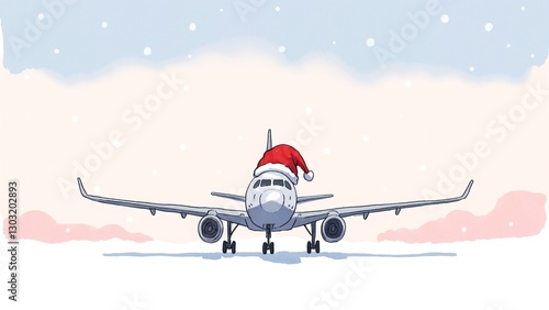 Airplane Wearing Santa Hat in Snowy Winter Wonderland Scene