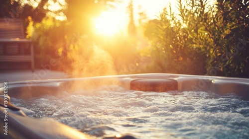 Fototapeta Naklejka Na Ścianę i Meble -  Relaxing Sunset with Steam Rising from a Hot Tub