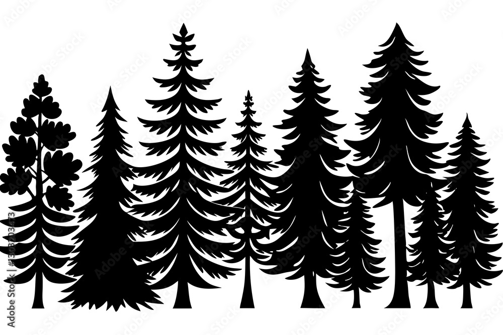 Obraz premium Forest tree silhouettes collection. Pine trees horizontal pattern panorama background. Vector illustration Fir trees silhouettes set. Coniferous spruce horizontal background 
