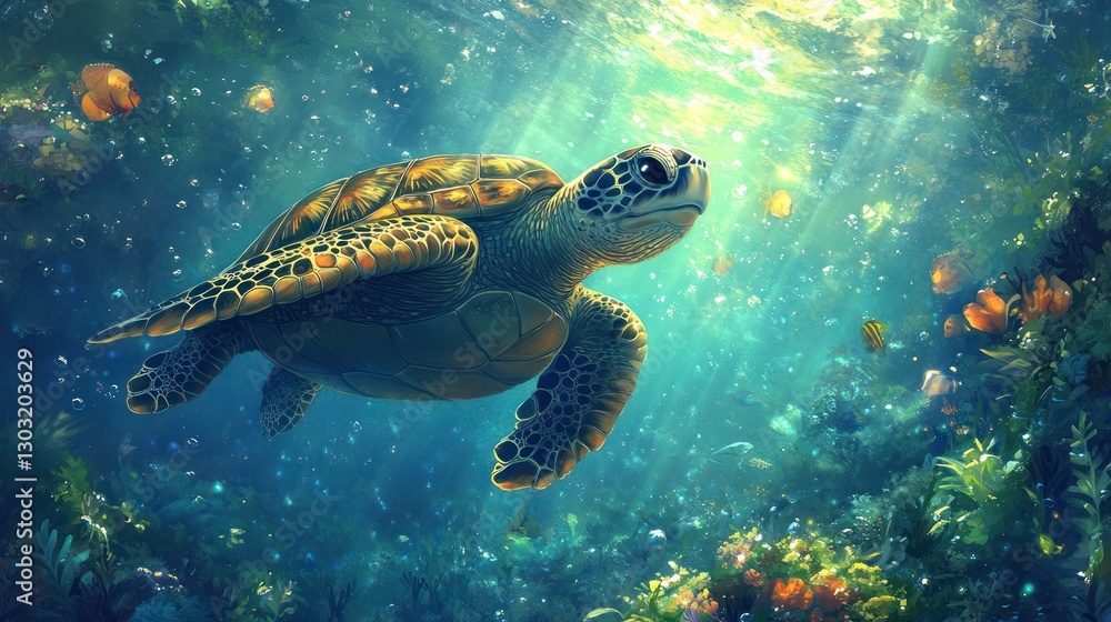 Fototapeta premium Sea turtle gracefully swimming in sunlit ocean coral reef.