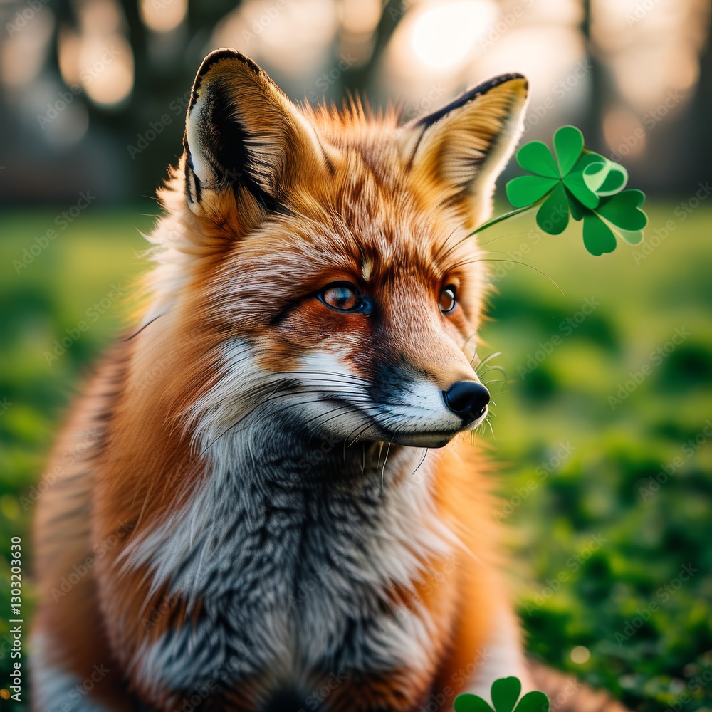 Fototapeta premium Saint Patricks Day Animal Concept, cute Saint Patrick’s Day green fox, Irish green fox, glover field, shamrock, gold coins, rainbow, Irish tradition