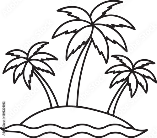 palm trees with island line art, black outline, vector and illustration, coloring book page line art drawing