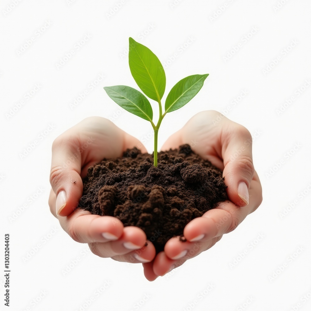 Close-up of hands holding a small green plant with soil against a white background, symbolizing environmental care and sustainability for World Earth Day. Close-up of hands holding a small green plant with soil against a white background, symbolizing environmental care and sustainability for World Earth Day.