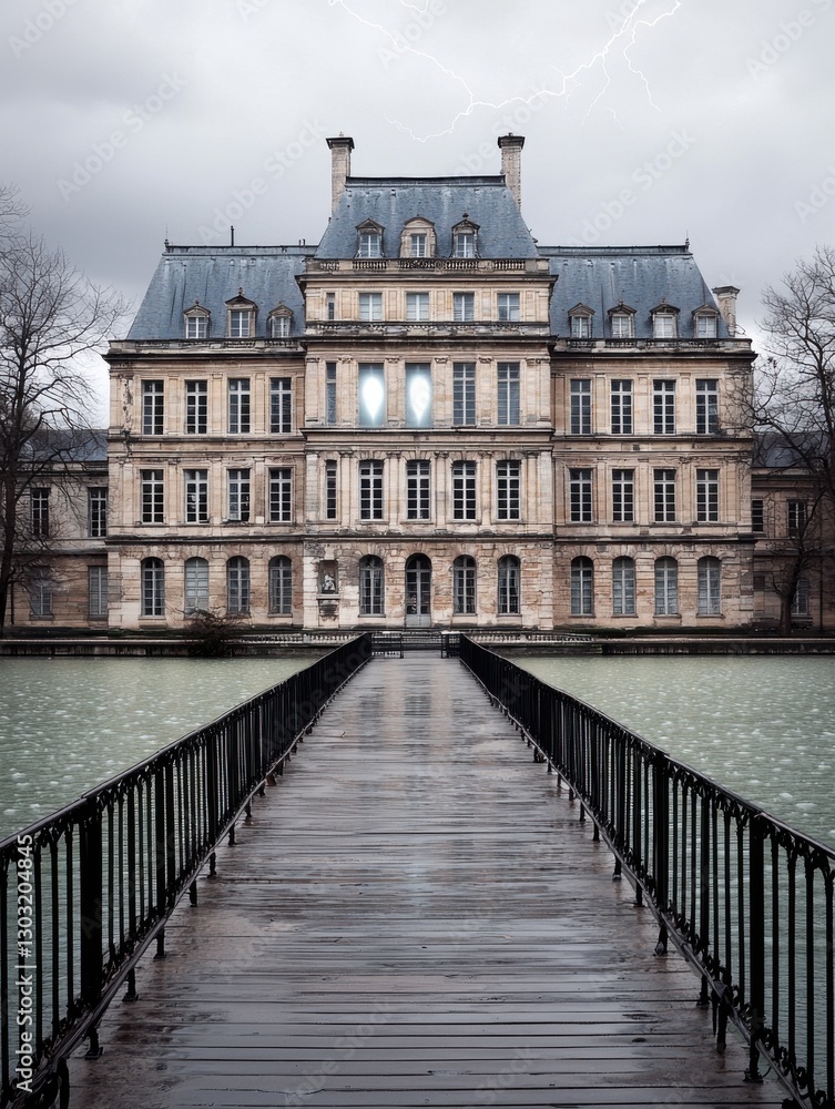 Fototapeta premium An elegant mansion on a rainy day with a dramatic atmosphere.