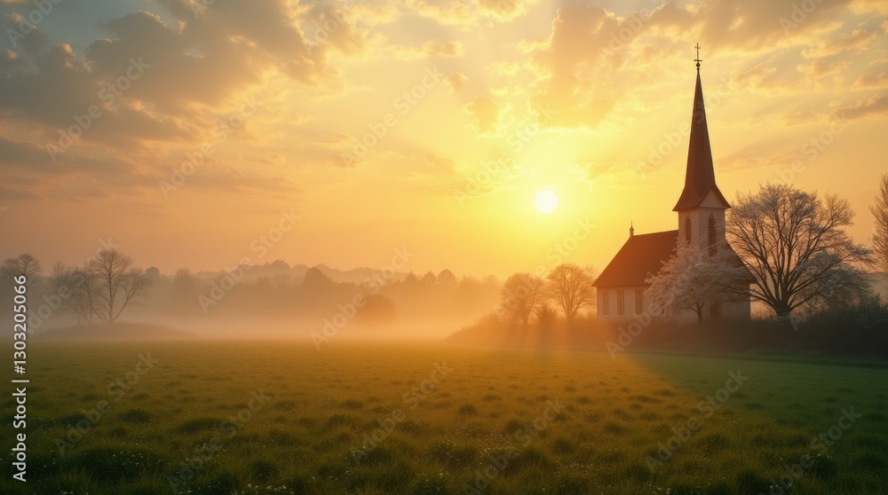 Obraz premium A serene sunrise shining over a church steeple on Easter morning, with golden light spreading over green fields and blooming trees, symbolizing hope and renewal.