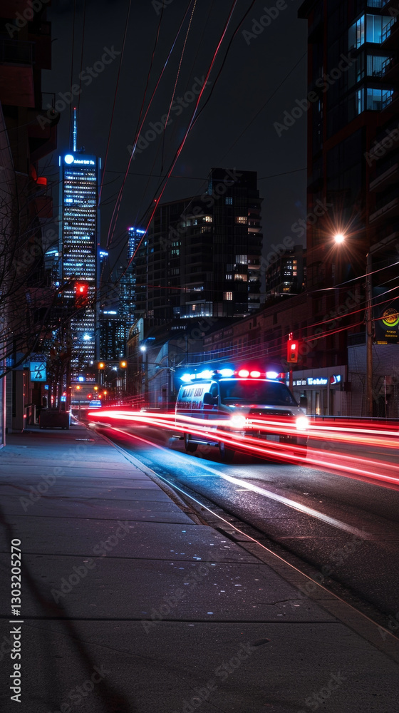 Fototapeta premium An ambulance speeds through the city at night, its lights a blur of urgency against the urban backdrop.