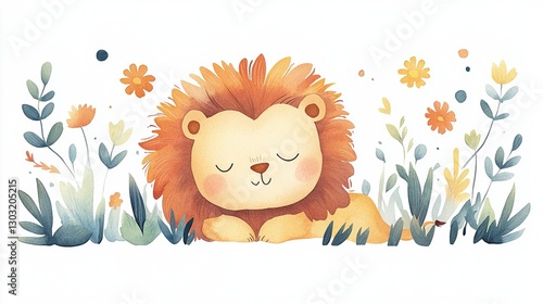 Adorable Lion Cub Resting in Wildflower Meadow Watercolor Illustration