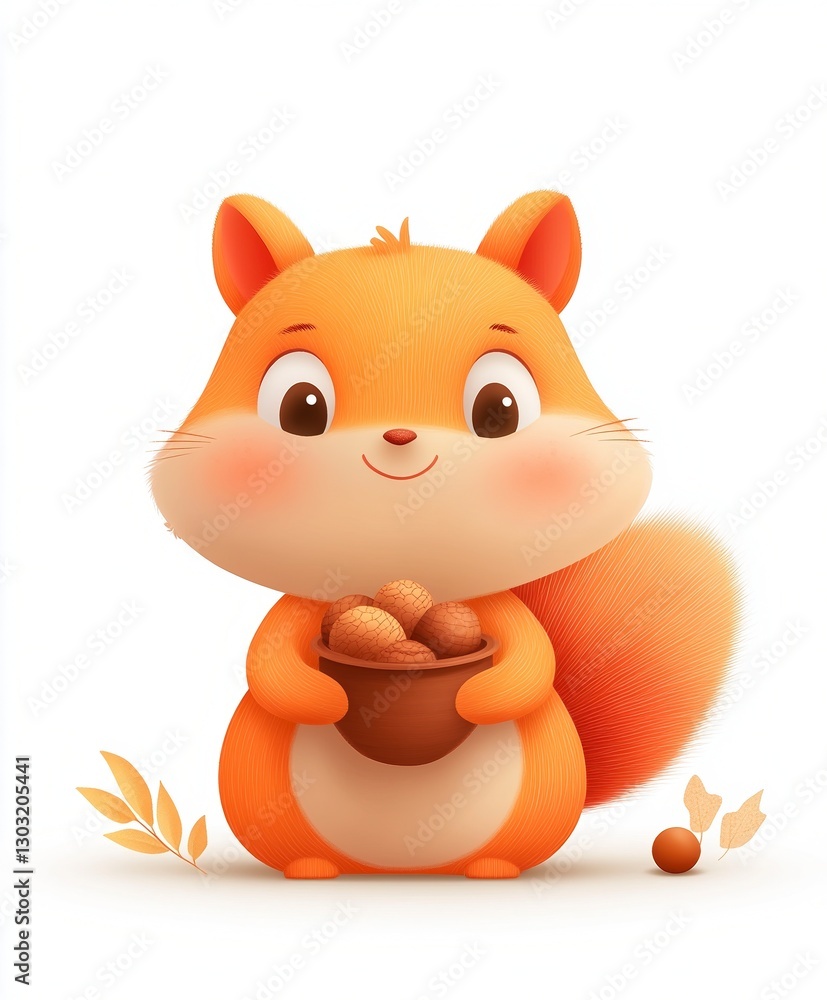 Naklejka premium Adorable Orange Cartoon Squirrel Holding Nuts Basket White Background