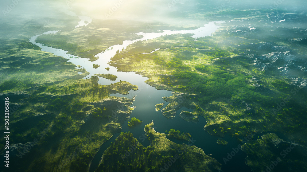 Fototapeta premium Pangea. Aerial view of a lush, sunlit river winding through mountains.