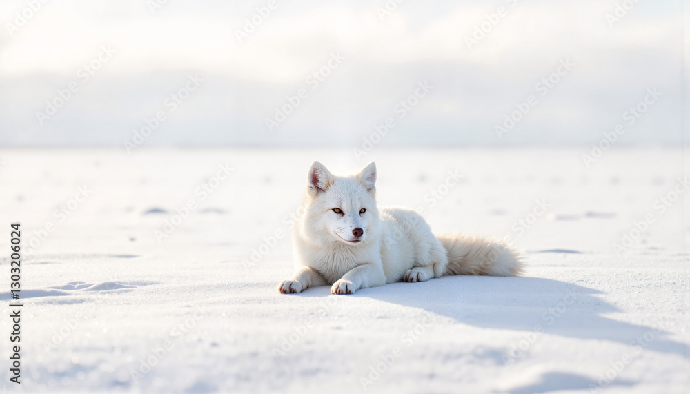 Fototapeta premium Arctic fox resting on snowy tundra, serene nature