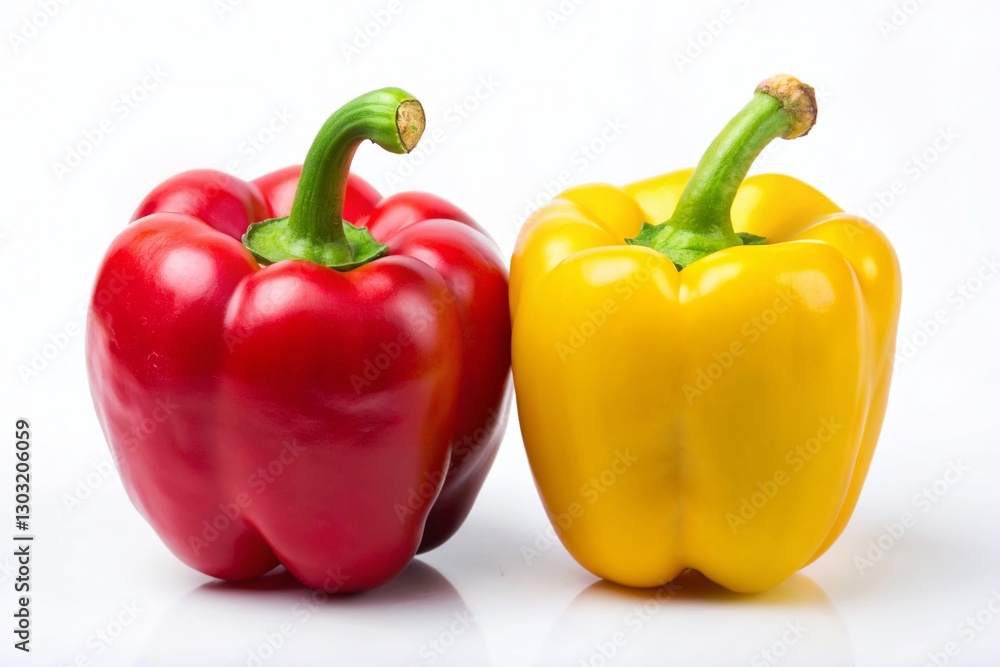 Vibrant Red and Yellow Bell Peppers Isolated on White Background - Fresh Produce Stock Photo Vibrant Red and Yellow Bell Peppers Isolated on White Background - Fresh Produce Stock Photo