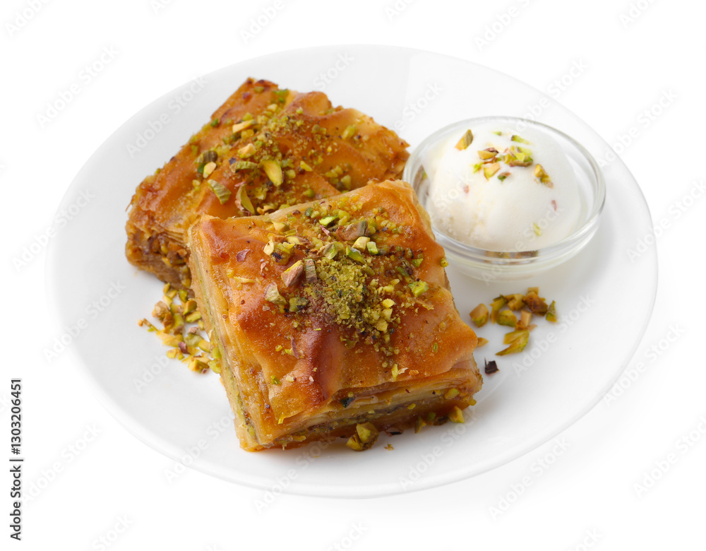 Tasty baklava with chopped nuts and scoop of ice cream isolated on white Tasty baklava with chopped nuts and scoop of ice cream isolated on white
