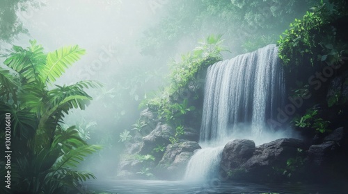 Fototapeta Naklejka Na Ścianę i Meble -  Waterfall cascading down rocks in a lush jungle, surrounded by green foliage, mist rising, dramatic nature background