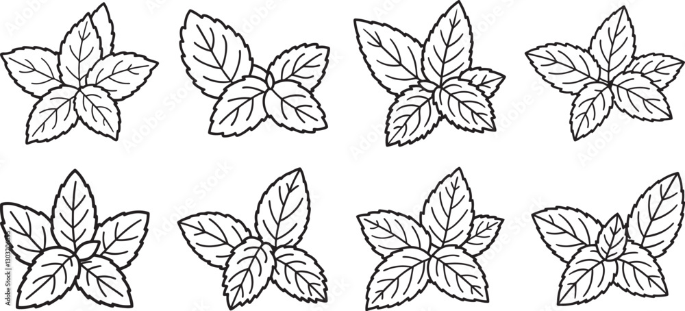 custom made wallpaper toronto digitalset of mint leaves line art, black outline, vector and illustration, coloring book page line art drawing
