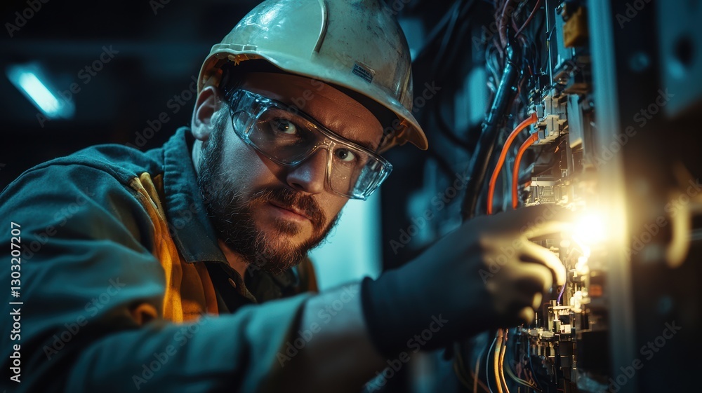 A skilled electrician is focused on repairing electrical components inside a dimly lit room. Wearing safety gear, he examines wires and connections, ensuring proper functionality A skilled electrician is focused on repairing electrical components inside a dimly lit room. Wearing safety gear, he examines wires and connections, ensuring proper functionality