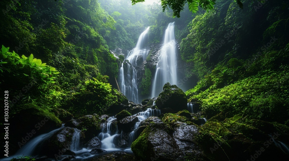 Fototapeta premium Waterfall cascading down rocks in a lush jungle, surrounded by green foliage, mist rising, dramatic nature background