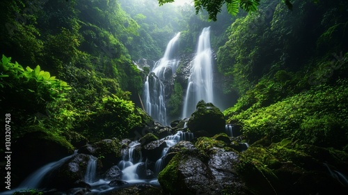 Fototapeta Naklejka Na Ścianę i Meble -  Waterfall cascading down rocks in a lush jungle, surrounded by green foliage, mist rising, dramatic nature background