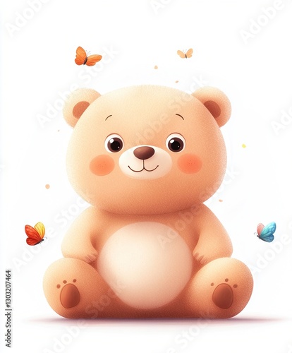 Adorable Brown Teddy Bear with Butterflies on White Background