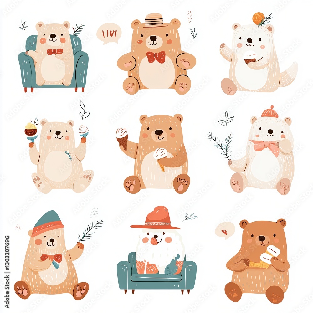 Fototapeta premium Adorable Cartoon Bears Enjoying Ice Cream and Relaxing