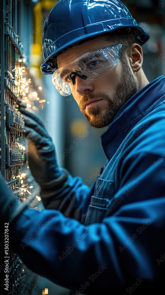 In a factory setting, an electrician in a blue uniform works on electrical panels. Protective gear ensures safety as sparks illuminate the task at hand during a busy afternoon In a factory setting, an electrician in a blue uniform works on electrical panels. Protective gear ensures safety as sparks illuminate the task at hand during a busy afternoon