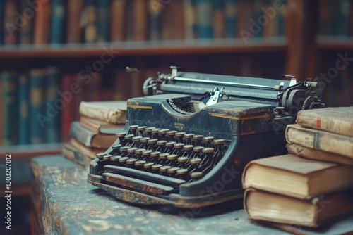 Old typewriter surrounded by books on weathered desk, with blurred bookshelf background