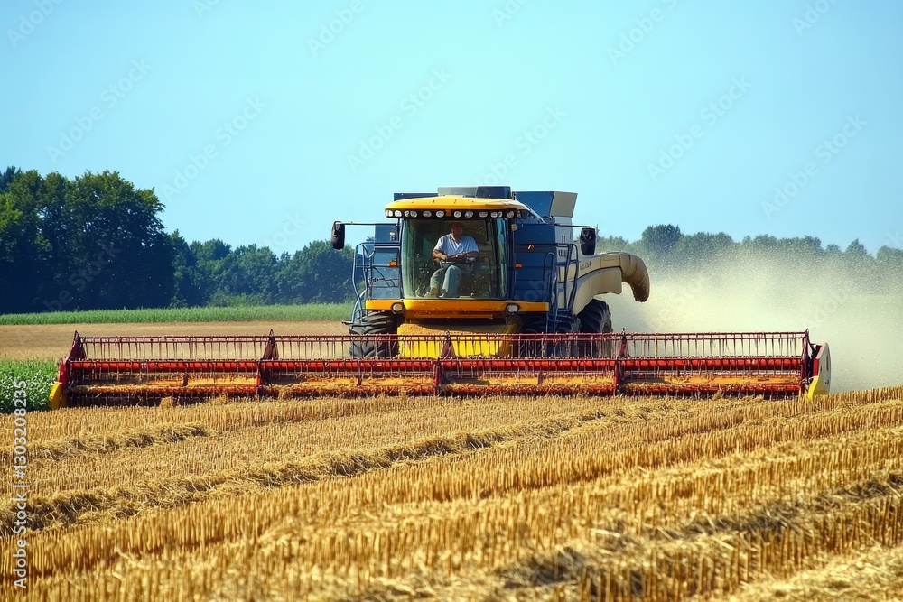 Obraz premium A large combine harvester with a wide header cuts through a golden wheat field on a sunny day, leaving a trail of harvested crop behind