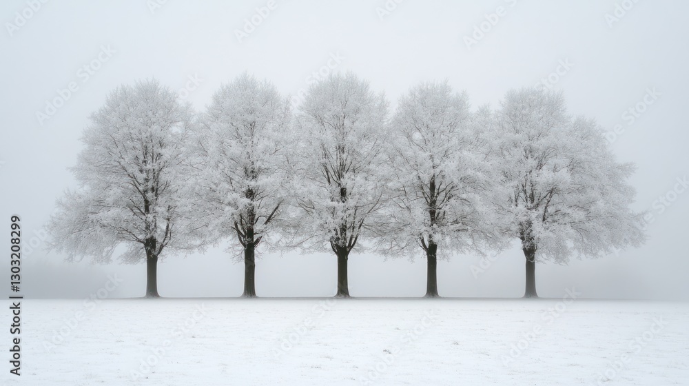 Five frost-covered trees in a snowy field on a foggy day. Five frost-covered trees in a snowy field on a foggy day.