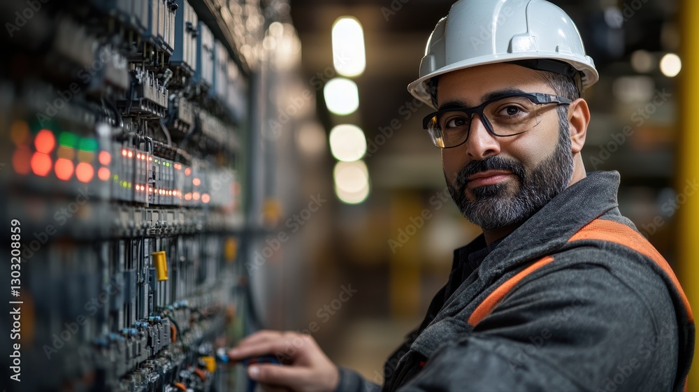 A skilled electrician of Middle Eastern descent is focused on a control panel, adjusting equipment in a well-lit industrial environment during the day A skilled electrician of Middle Eastern descent is focused on a control panel, adjusting equipment in a well-lit industrial environment during the day