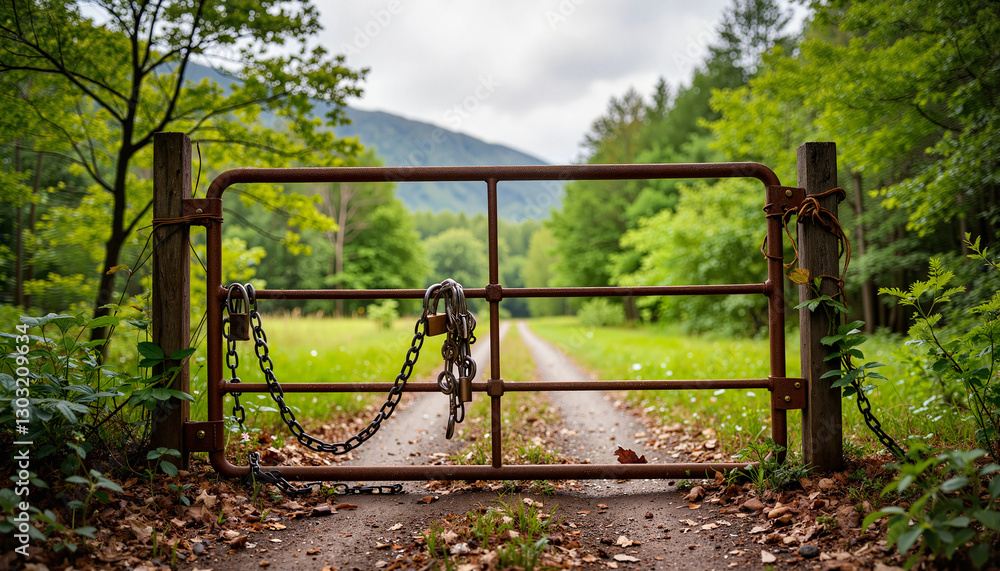 Rusty padlocked gate blocking dirt road in lush forest, nature's barrier Rusty padlocked gate blocking dirt road in lush forest, nature's barrier