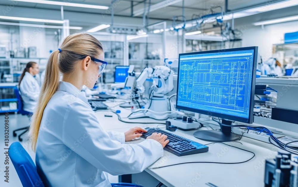 Young female scientist working on computer in modern laboratory with advanced equipment, showcasing technological innovation in scientific research Young female scientist working on computer in modern laboratory with advanced equipment, showcasing technological innovation in scientific research