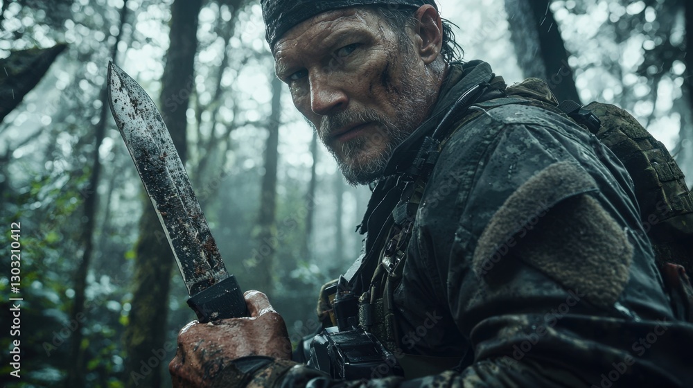 Fototapeta premium A man is holding a knife in a forest