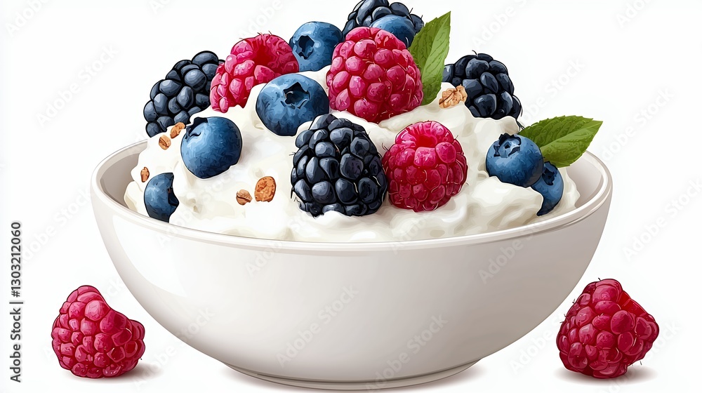 Fresh Berries and Greek Yogurt in a White Bowl on White Background Fresh Berries and Greek Yogurt in a White Bowl on White Background
