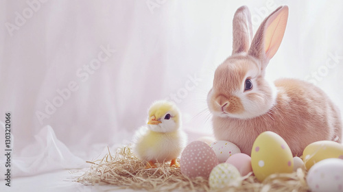 Wallpaper Mural Easter scene with bunny chich and egg, cute furry animals for celebration  Torontodigital.ca