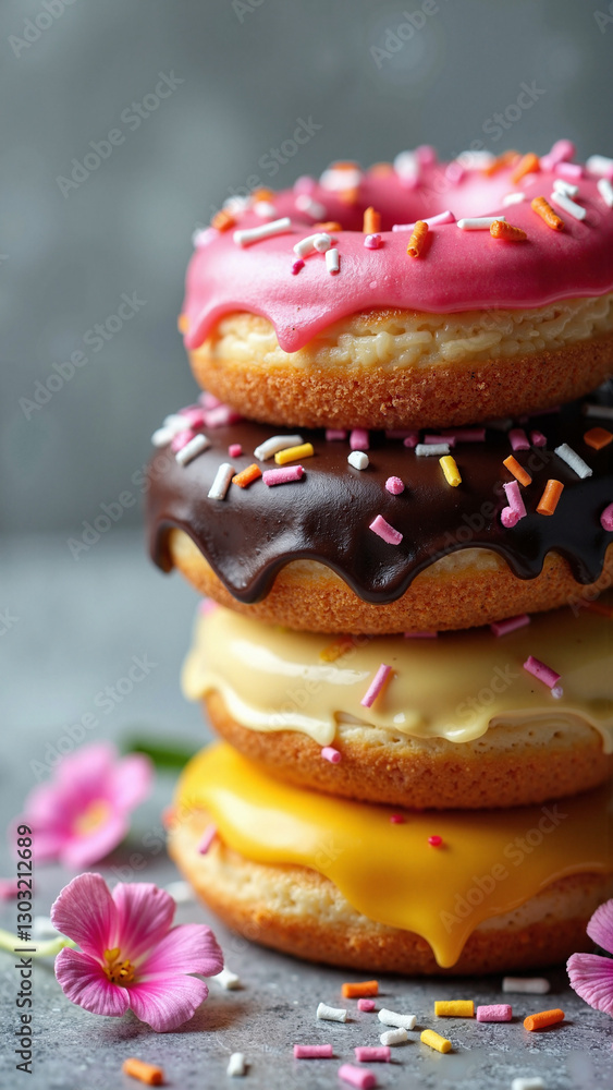 Vibrant Assorted Donuts on Gray Concrete Background - Perfect for Mother's Day Bakery Promotions and Social Media Campaigns Vibrant Assorted Donuts on Gray Concrete Background - Perfect for Mother's Day Bakery Promotions and Social Media Campaigns