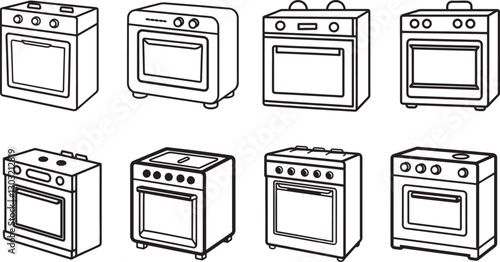 set of oven line art, black outline, vector and illustration, coloring book page line art drawing