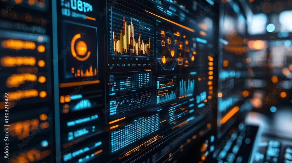 Obraz premium Futuristic digital dashboard displaying graphs, charts, and data analytics on a computer screen.