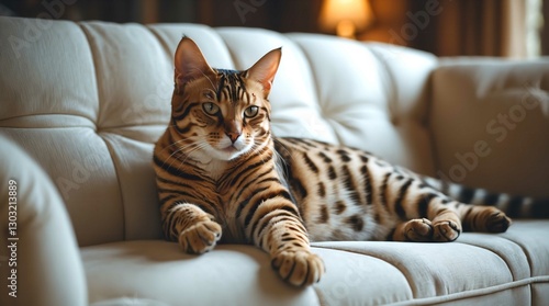 Wallpaper Mural A stunning Bengal cat with a golden coat and bold black rosettes lounges elegantly on a white leather couch. Its piercing eyes and poised posture exude confidence, blending luxury and wild beauty. Torontodigital.ca