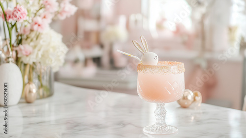 A modern kitchen with pink color accents, home bar and marble countertop, interior lighting, party decor, blurry background, emphasizing home comfort.