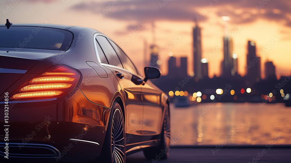Obraz premium Luxury Black Sedan Parked by Waterfront at Sunset