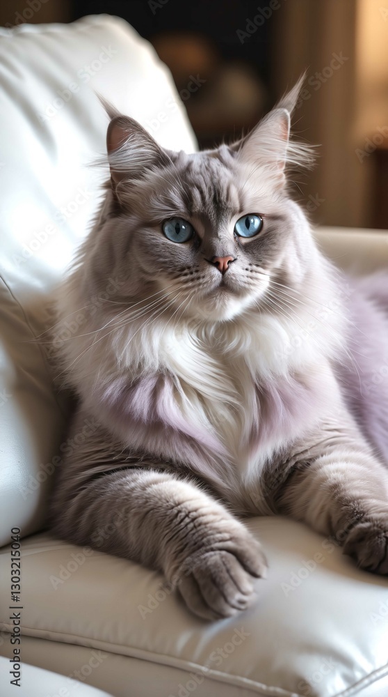 a Persian longhair cat lying comfortably on a white sofa. The background is a warm living room with soft lighting, adding a realistic and cozy impression to this image. a Persian longhair cat lying comfortably on a white sofa. The background is a warm living room with soft lighting, adding a realistic and cozy impression to this image.