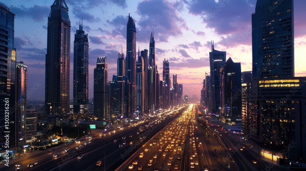 Fototapeta premium A city at night with a lot of traffic and tall buildings