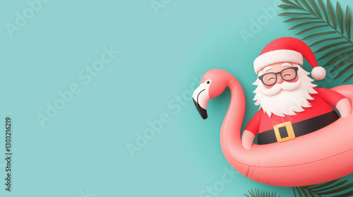 Christmas in July Santa. Santa Claus on a flamingo float surrounded by tropical leaves.