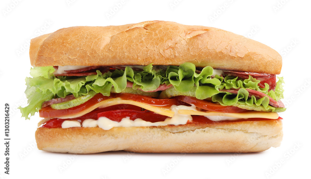 Delicious baguette sandwich with salami and cheese isolated on white Delicious baguette sandwich with salami and cheese isolated on white
