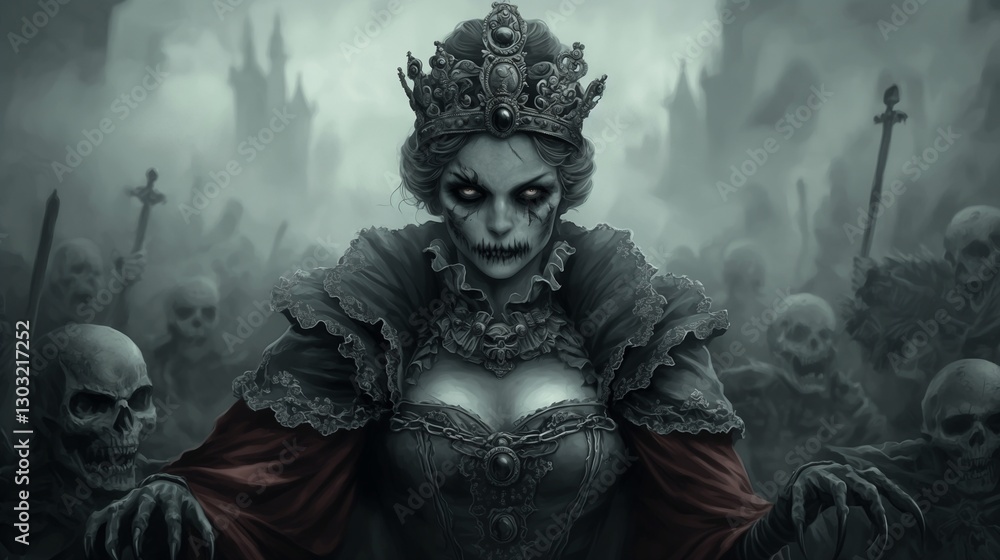 Gothic Undead Queen in a Dark Fantasy Realm with hazy mysterious ambient and army of skeletons. Gothic Undead Queen in a Dark Fantasy Realm with hazy mysterious ambient and army of skeletons.