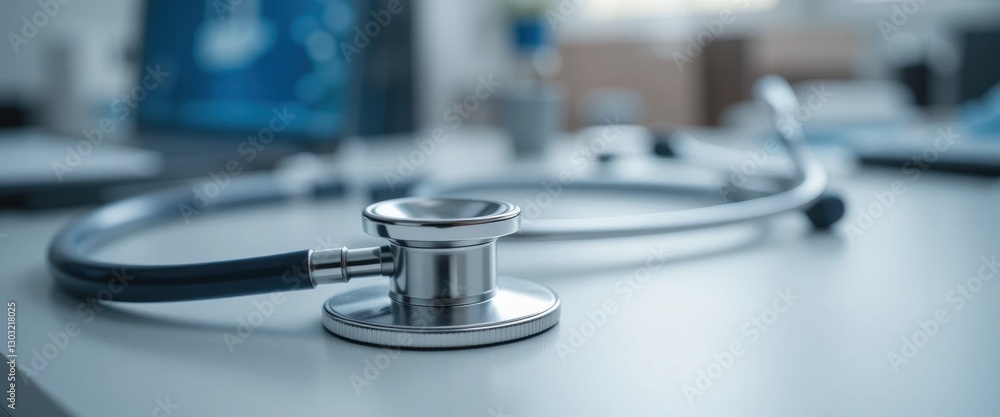 Stethoscope resting on a doctors desk with blurred medical equipment Stethoscope resting on a doctors desk with blurred medical equipment